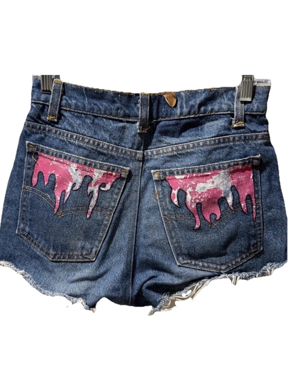 American Vintage High Rise Distressed Denim Shorts Custom Painted Pockets SZ 27